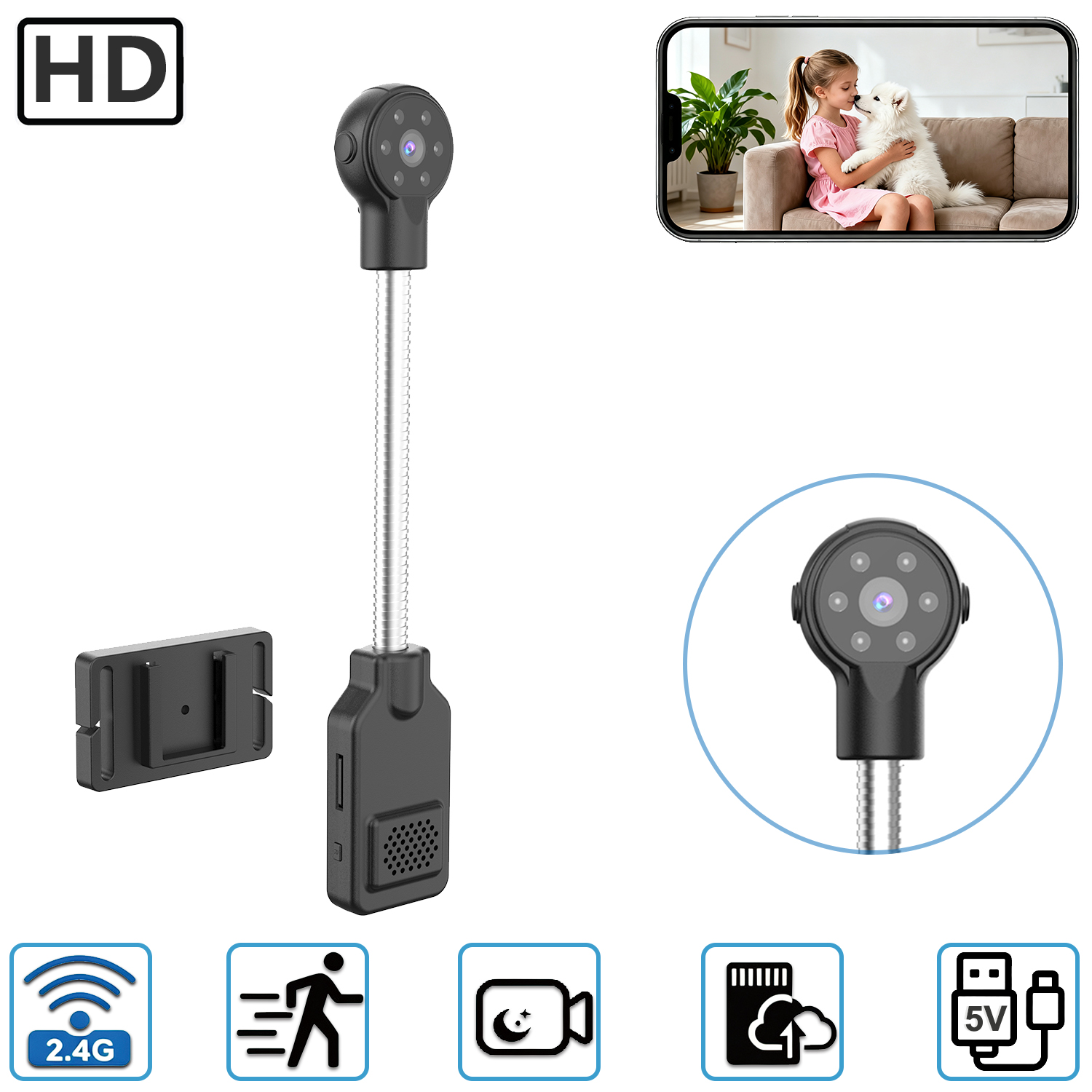 Portable Flexible Gooseneck Security Camera, WiFi Home Surveillance Camera, Plug‑and‑Play with Motion Detection, Night Vision, Two‑Way Audio, Local & Cloud Storage for Home Baby Pet Monitoring