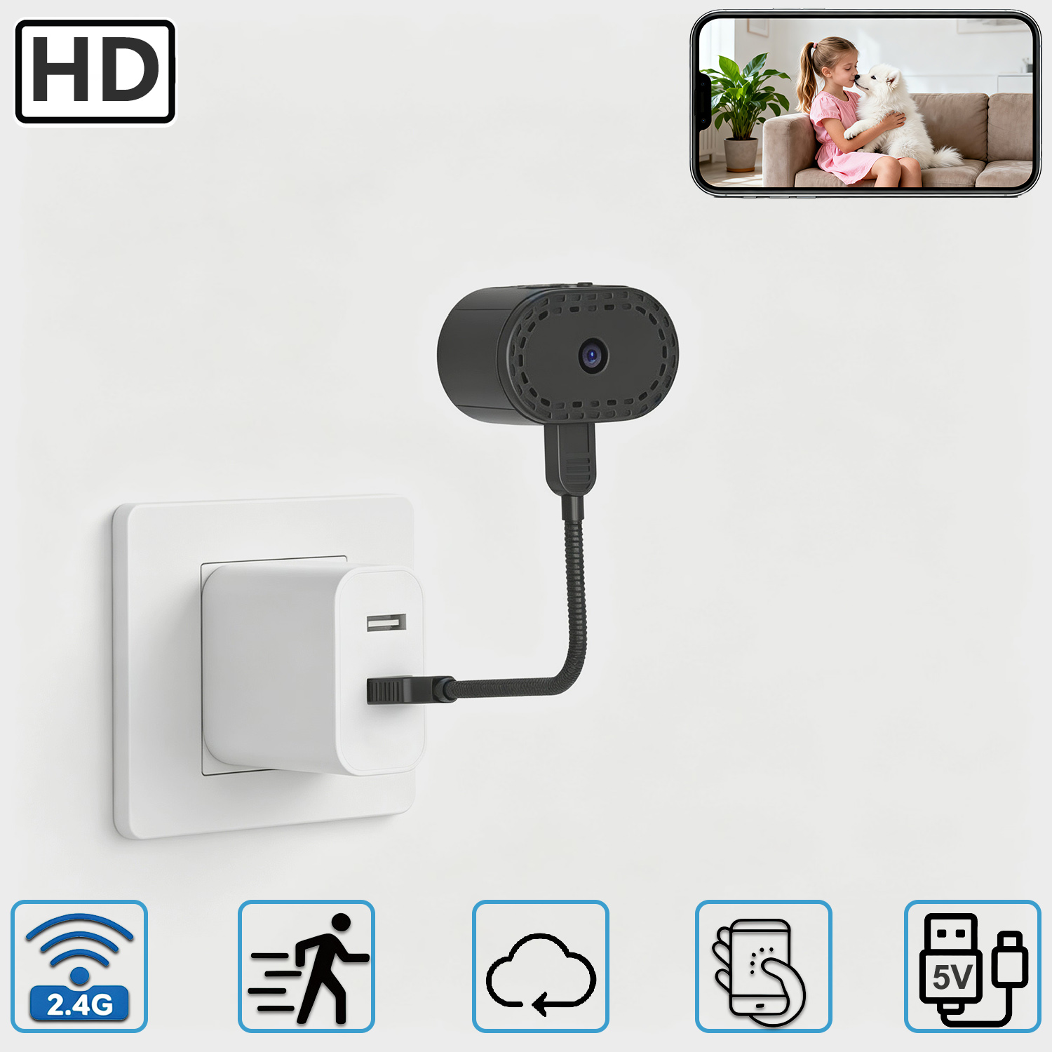 Ultra-Compact Magnetic WiFi Security Camera, Dual Power Supply (Built-in Long-Lasting Battery & 5V USB Plug-In for 24/7 Work), Drill-Free Mount, HD Remote Monitor, Motion Detection, Night Vision, Push Alert, Proprietary Encryption, Cloud Storage