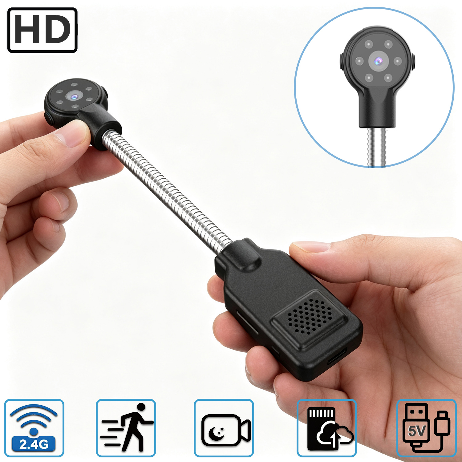 Portable Flexible Gooseneck Security Camera, WiFi Home Surveillance Camera, Plug‑and‑Play with Motion Detection, Night Vision, Two‑Way Audio, Local & Cloud Storage for Home Baby Pet Monitoring