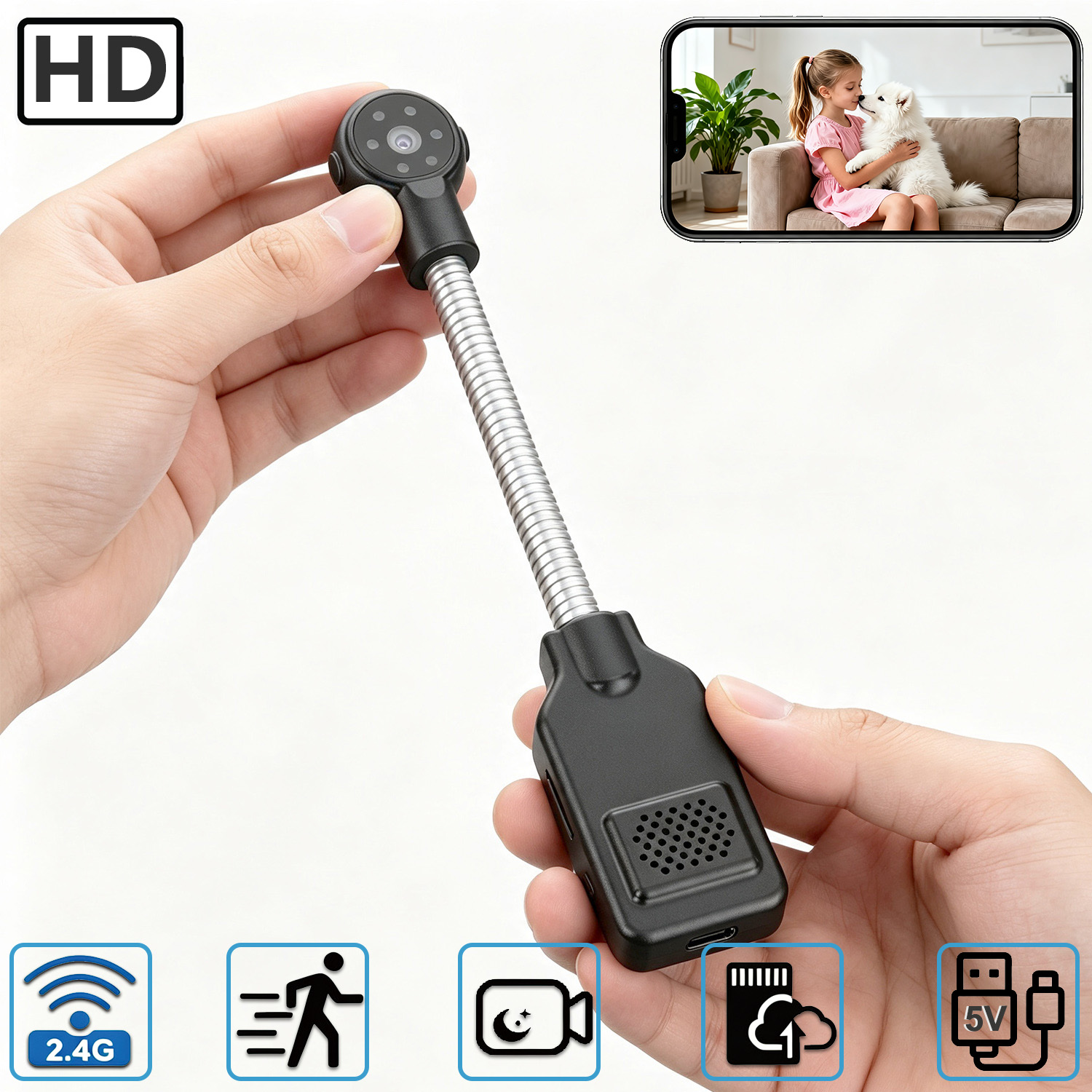 Portable Flexible Gooseneck Security Camera, WiFi Home Surveillance Camera, Plug‑and‑Play with Motion Detection, Night Vision, Two‑Way Audio, Local & Cloud Storage for Home Baby Pet Monitoring