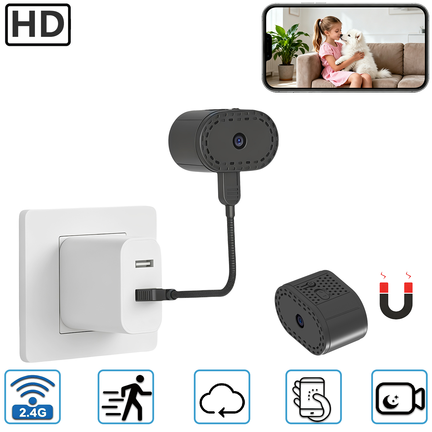 Ultra-Compact Magnetic WiFi Security Camera, Dual Power Supply (Built-in Long-Lasting Battery & 5V USB Plug-In for 24/7 Work), Drill-Free Mount, HD Remote Monitor, Motion Detection, Night Vision, Push Alert, Proprietary Encryption, Cloud Storage