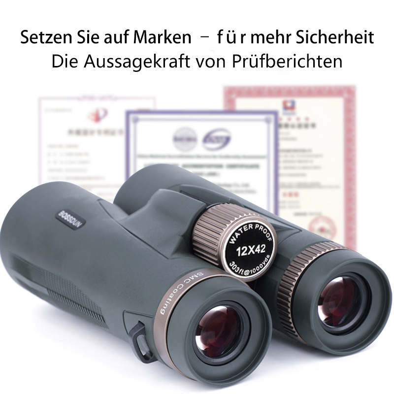 BOSSDUN 12X42 HD-Hochleistungs-Fernglas – Ausgestattet mit BAK4-Prisma / IP67 wasserdicht und staubdicht / FMC-Mehrschicht-Grünvergütung / Dämmerungs-Nachtsicht.