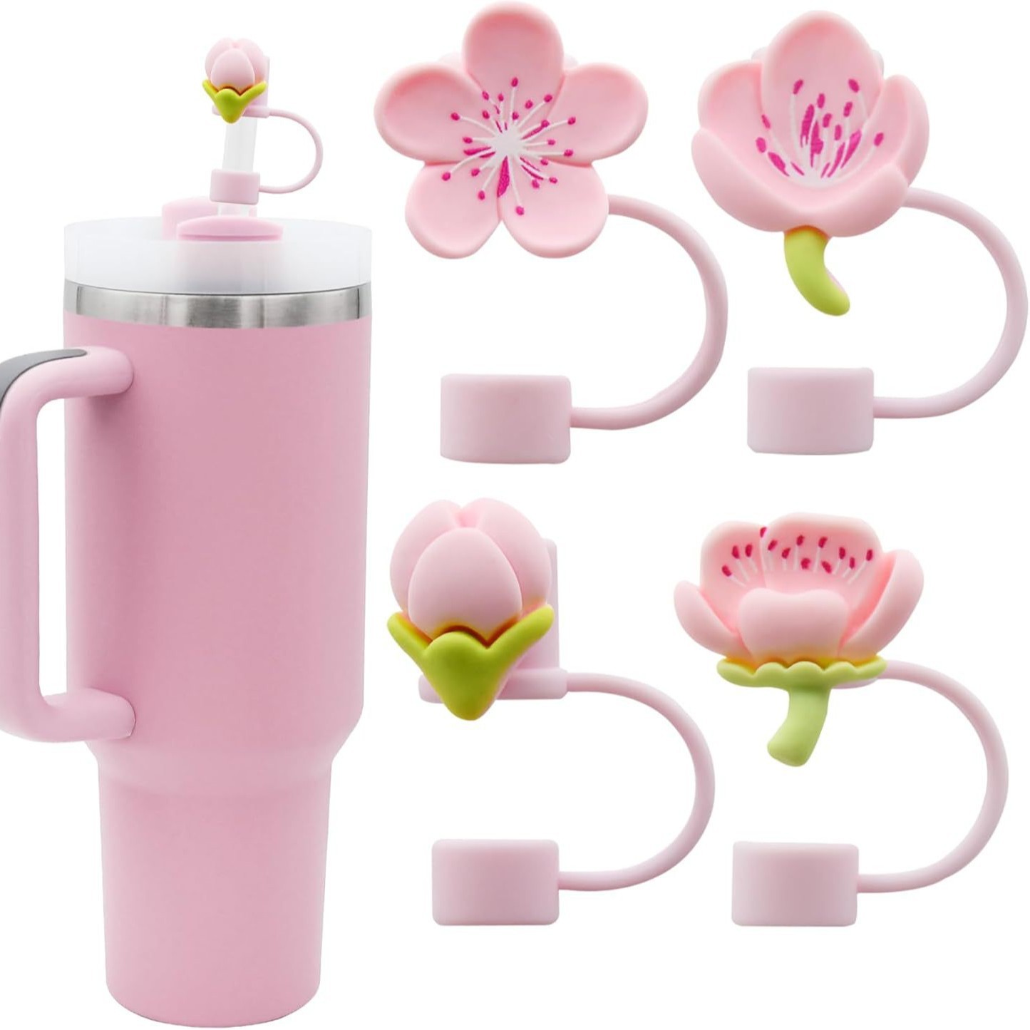 Pink Cherry Blossom Straw Sleeve 10mm Glass Cup Creative Straw Cap Stanley Cup Straw Cover Dust Plug