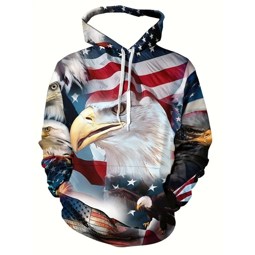 Eagle And American Flag Pattern Long Sleeve Casual Hoodie
