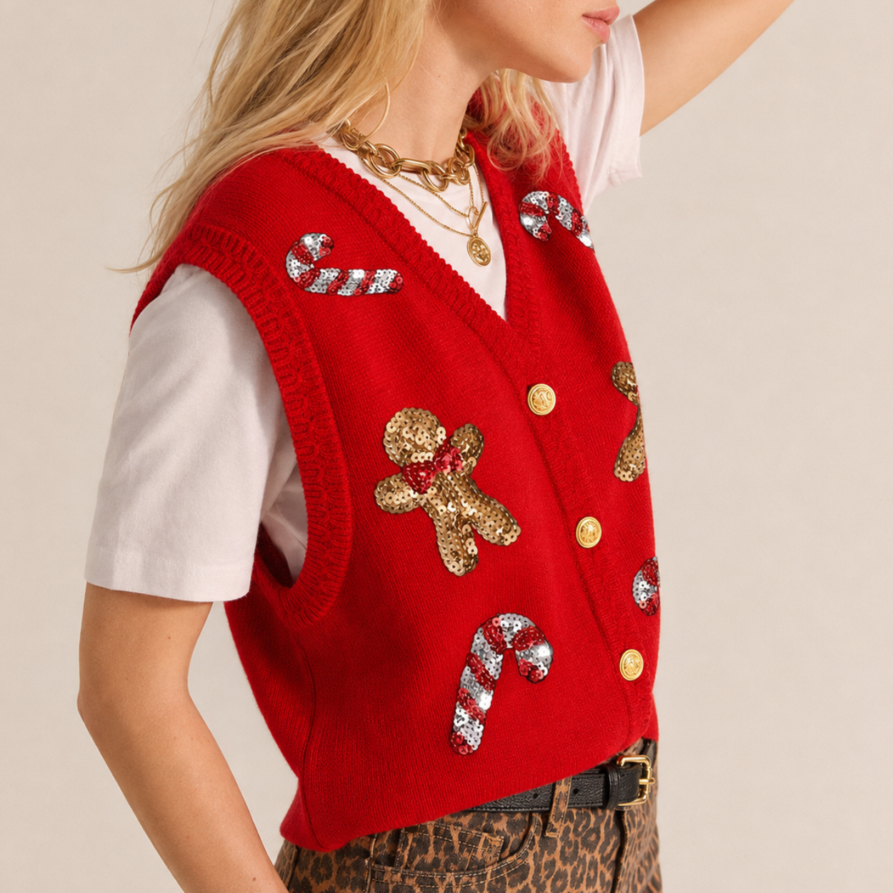 Casual Sleeveless Christmas Themed Cardigan Sweater For Women