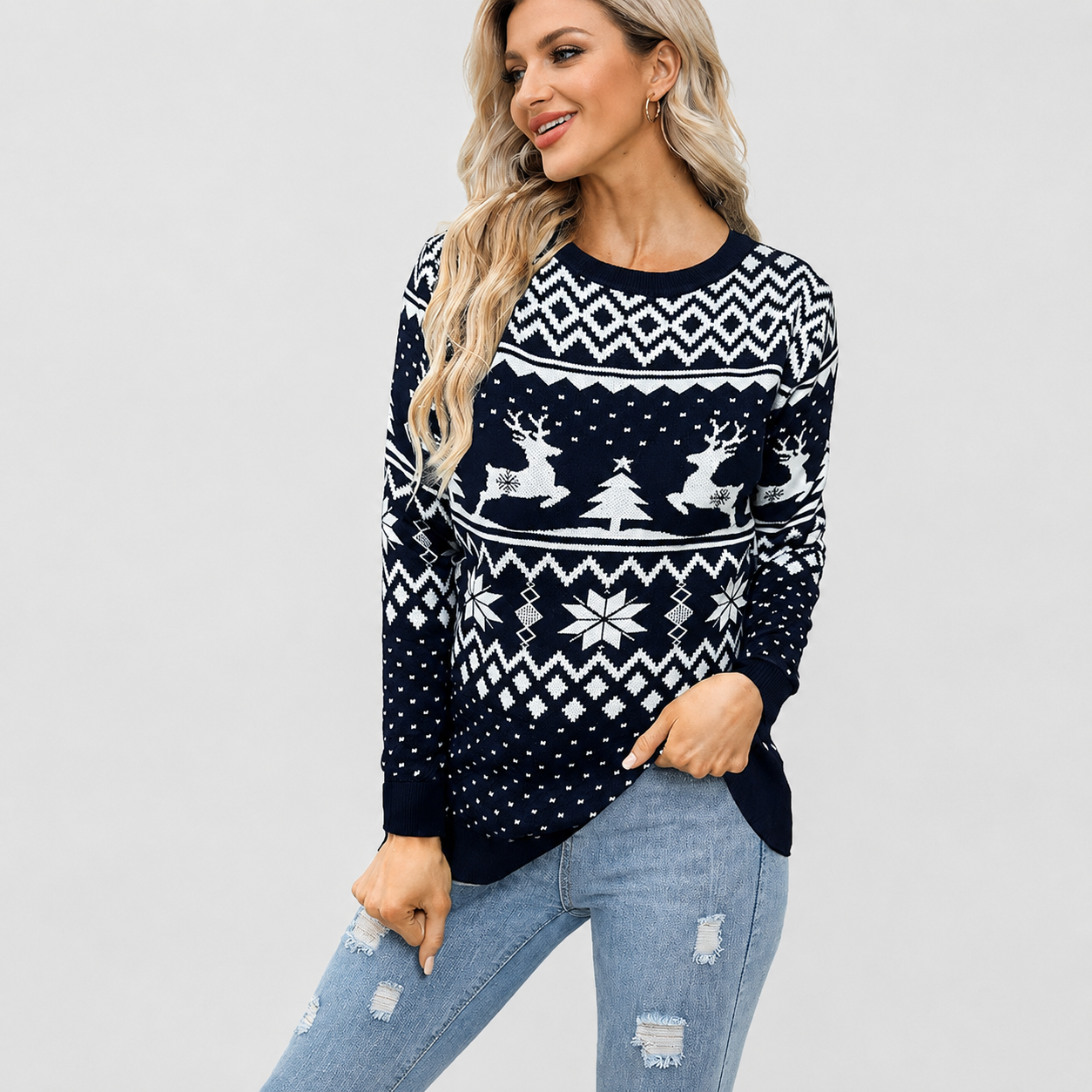 Long Sleeve Pullover Reindeer Snowflake Print Christmas Sweater For Women