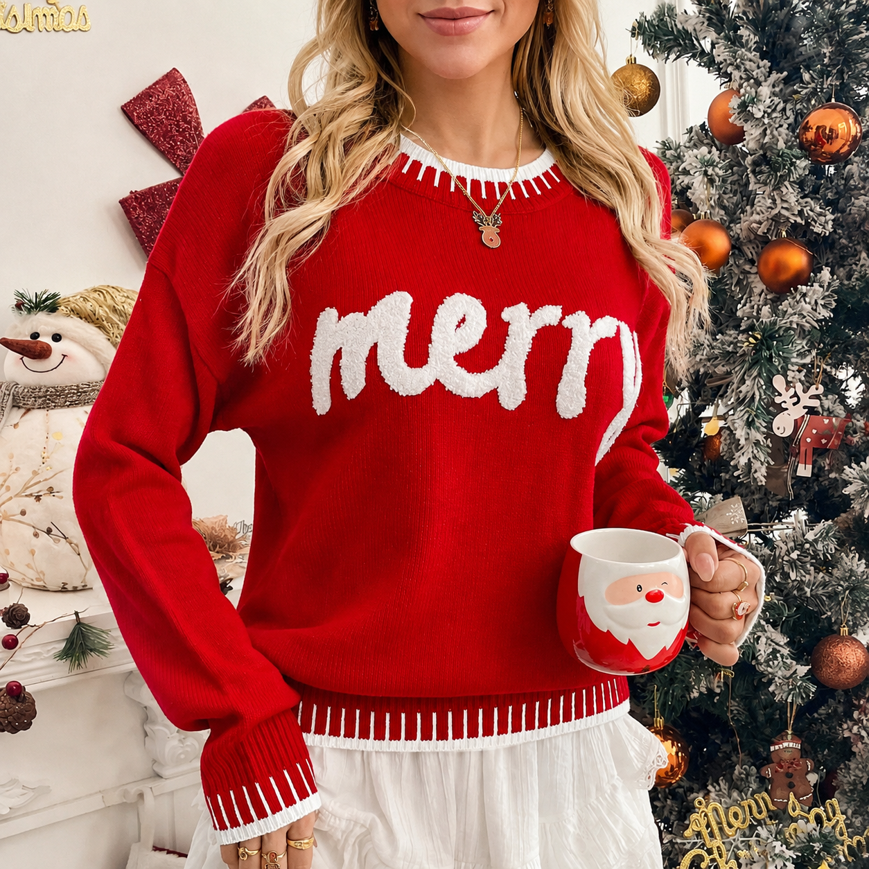  Christmas Themed Text Graphic Long Sleeve Sweater For Women