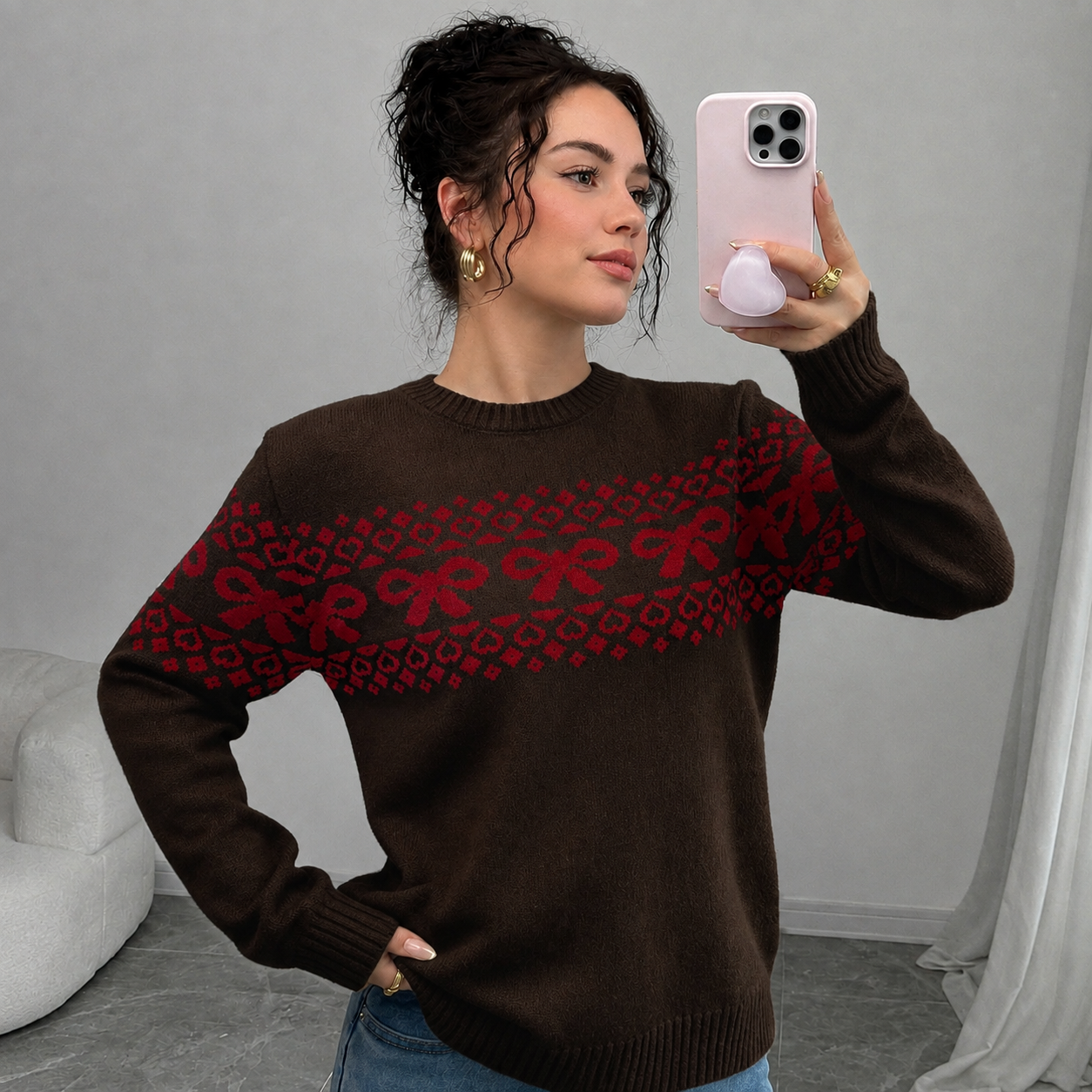 Casual Minimalist Everyday Bow Decor Christmas Sweater For Women