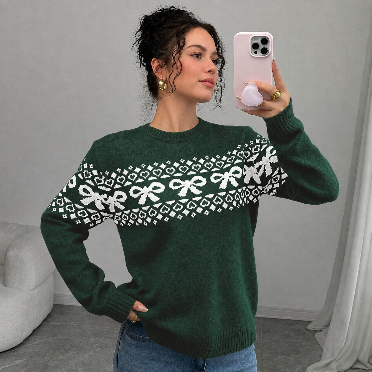 Casual Minimalist Everyday Bow Decor Christmas Sweater For Women