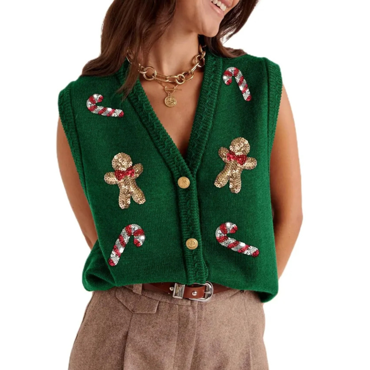 Casual Sleeveless Christmas Themed Cardigan Sweater For Women