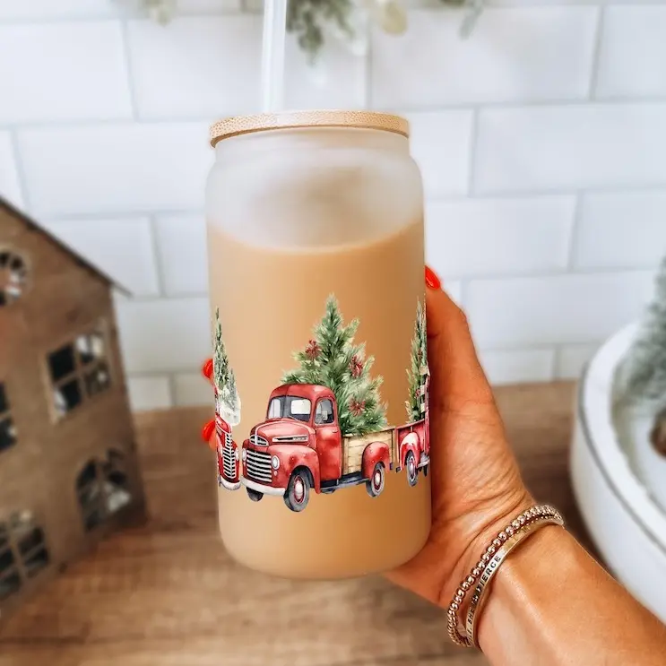 16oz Reusable Christmas Themed Tumbler With Bamboo Lid And Straw  