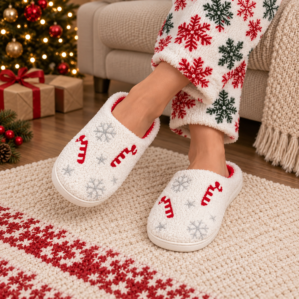 Christmas Candy Cane Snowflake Slippers For Men And Women
