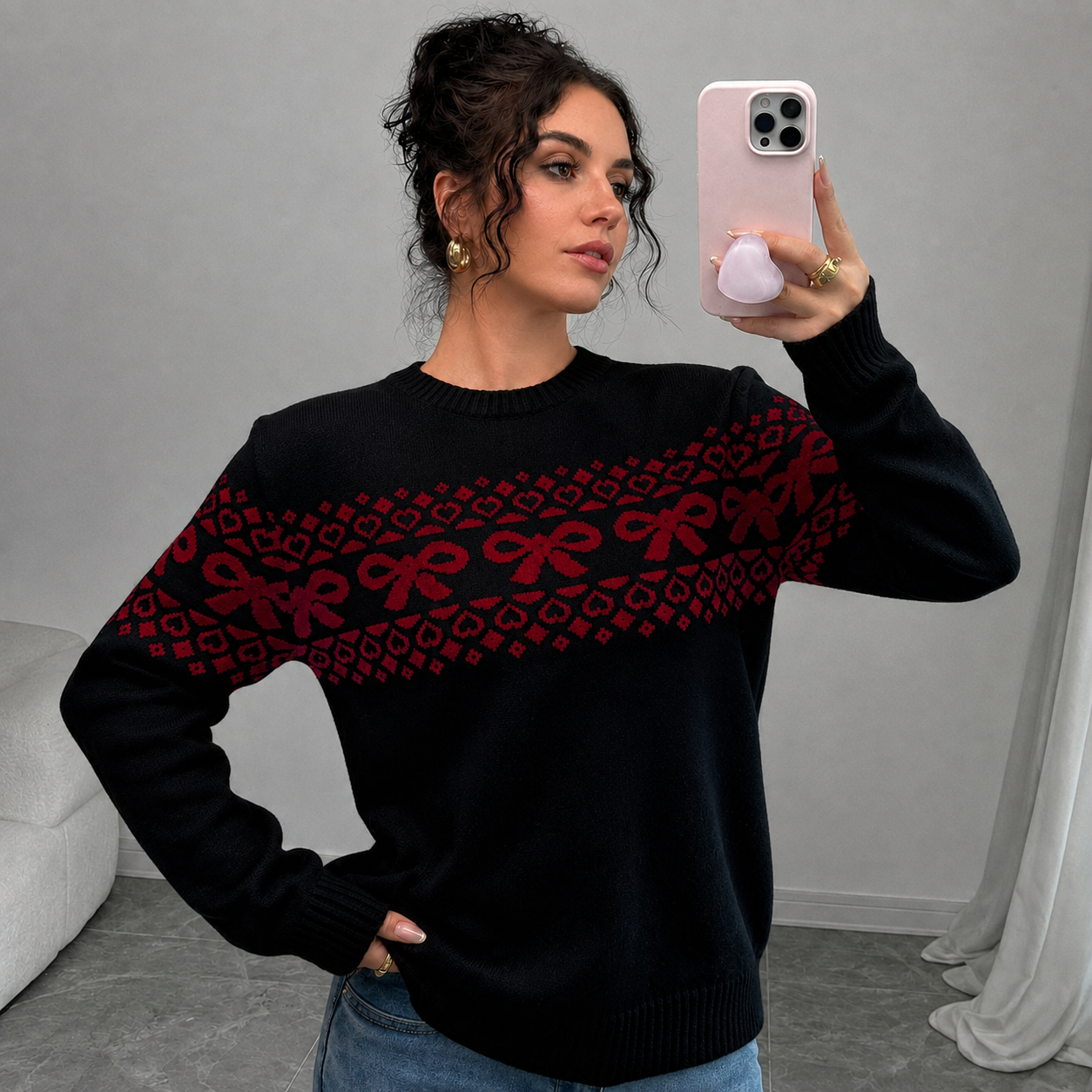 Casual Minimalist Everyday Bow Decor Christmas Sweater For Women