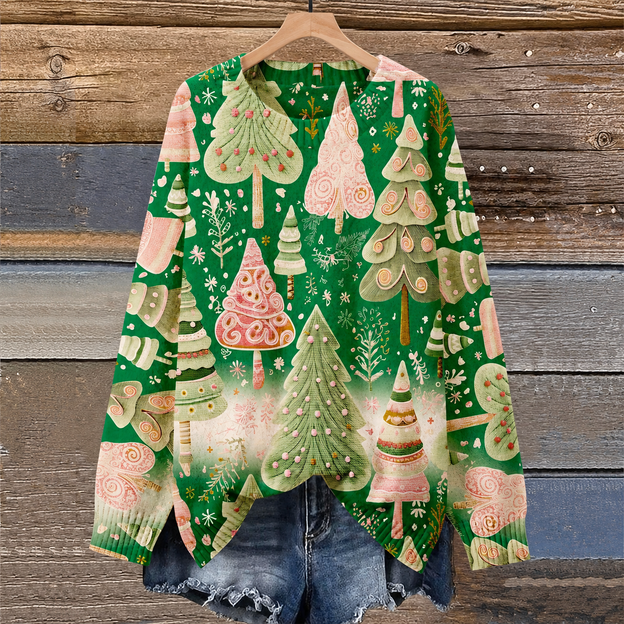 Plus Size 3D Casual Printed Knit Christmas Pine Tree Sweater For Women