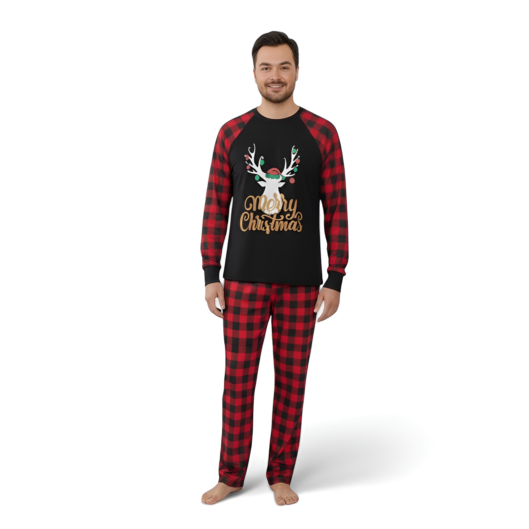 Christmas Merry Letter Print And Antler Graphic Plaid Splice Family Matching Set