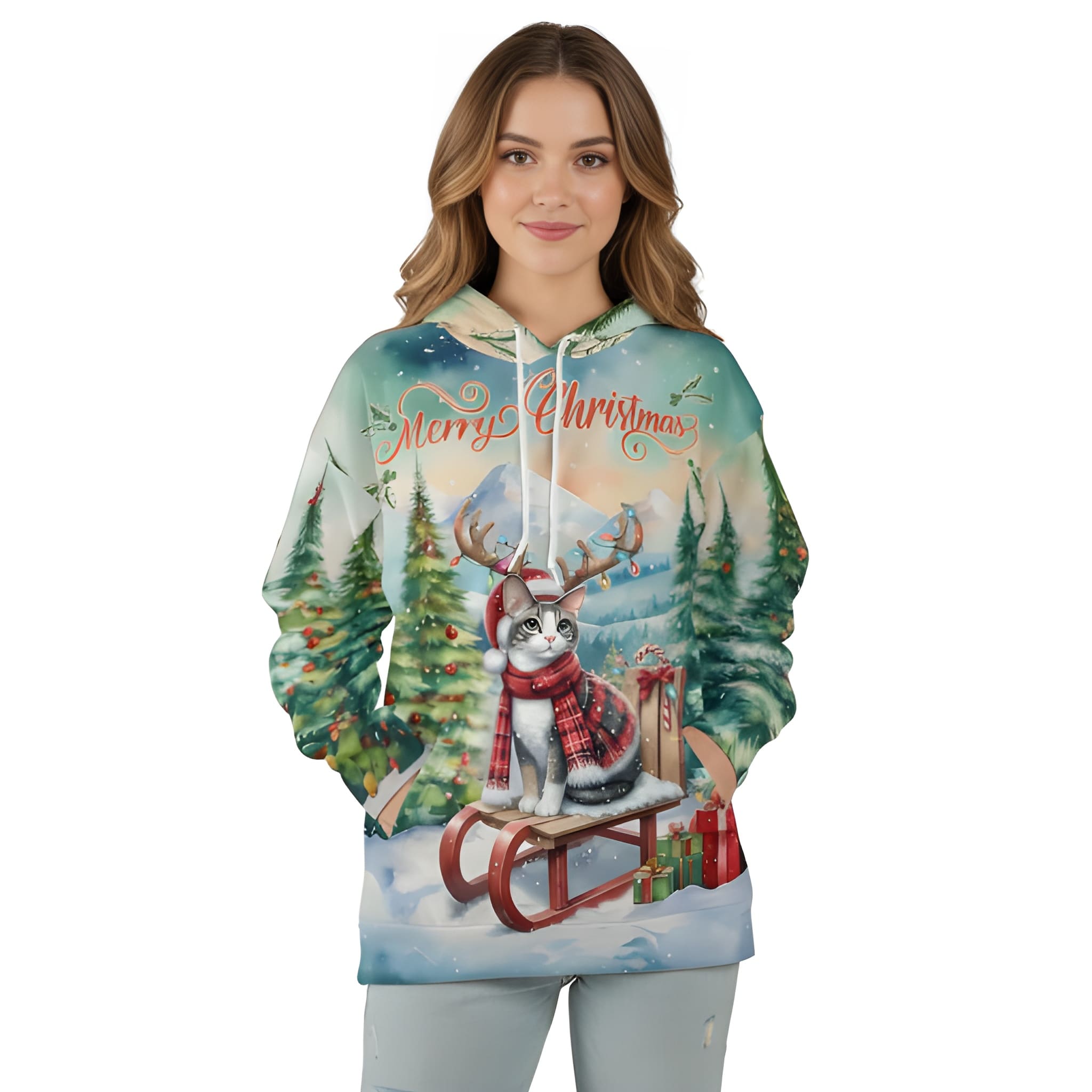 Merry Christmas Cat Reindeer Antler Hoodie Sweatshirt
