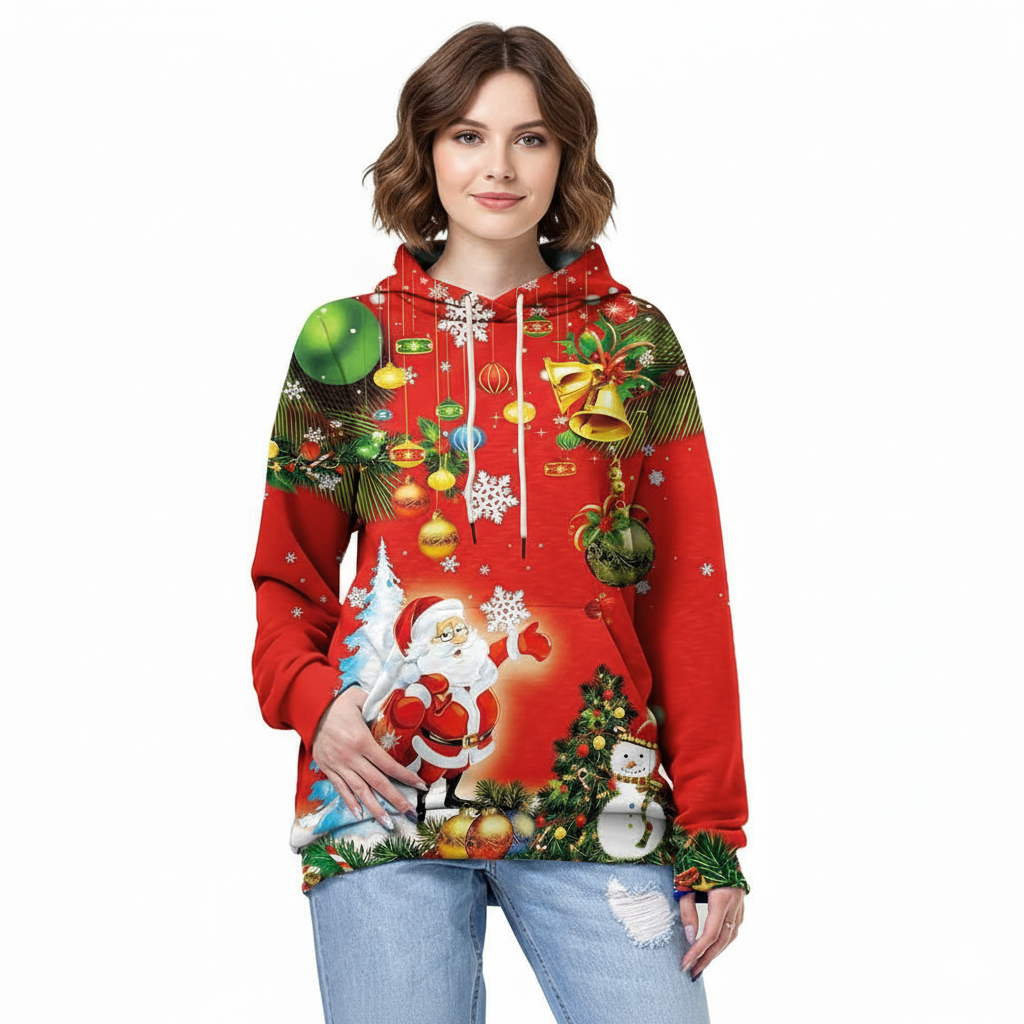 Christmas All Over Print Casual Pullover Hoodie With Big Pockets