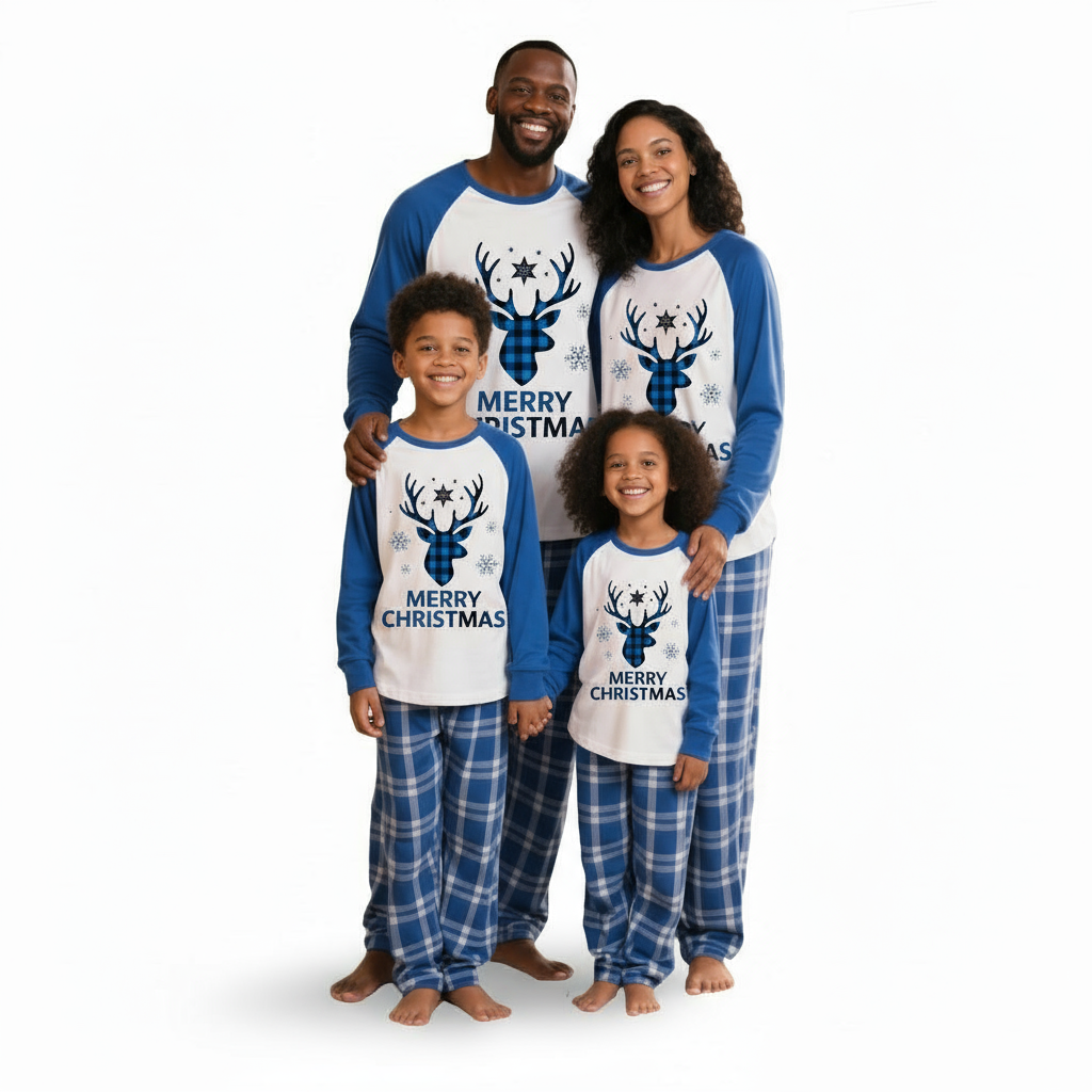 Plaid Reindeer Merry Christmas Printed Family Matching Pajama Set