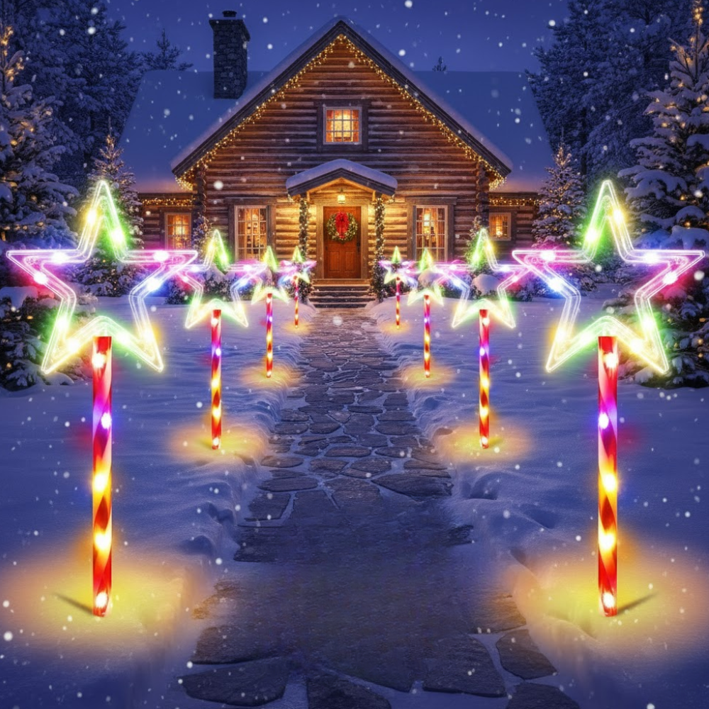 Six solar star pathway stake lights with multicolor LED edges flanking a snowy path toward a lit log cabin at night