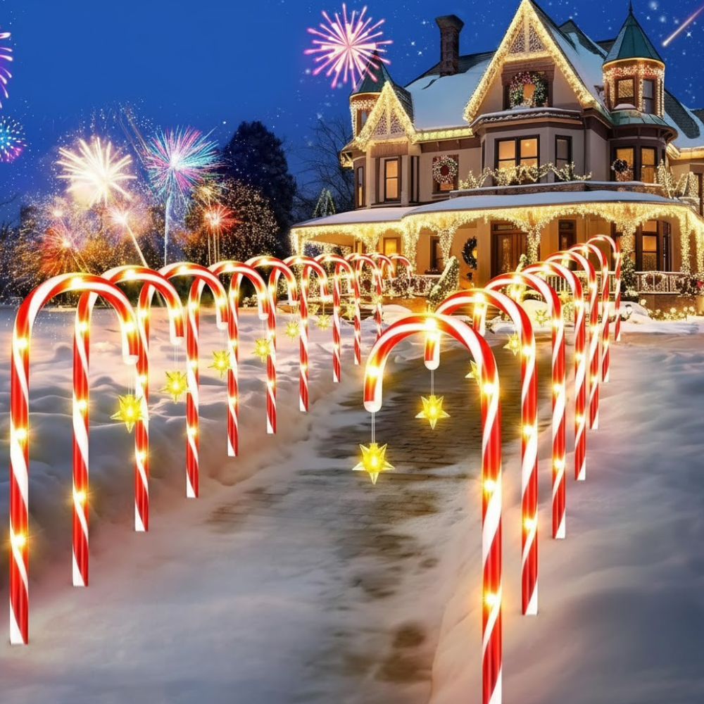 Solar candy cane pathway lights with red and white LED stripes staked along a driveway leading to a lit house at night