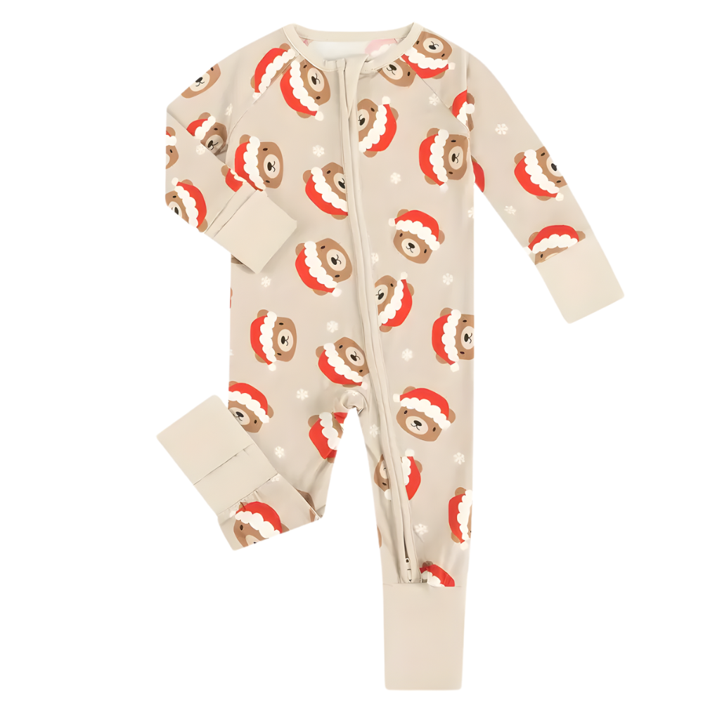 Christmas Bear Santa Hat Zip Up Jumpsuit For Infants