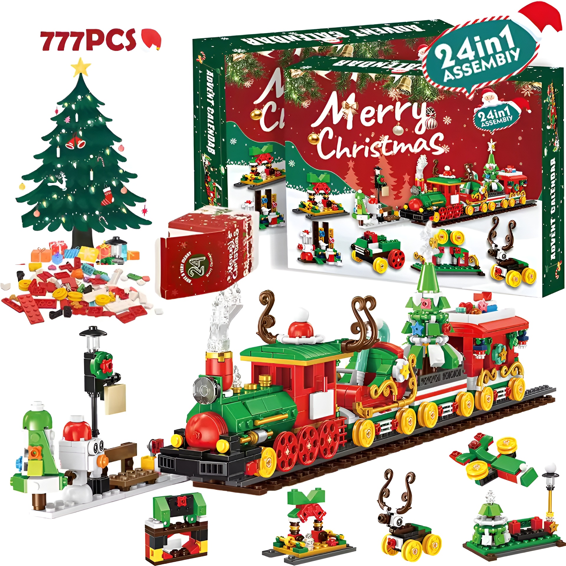 Christmas Advent Calendar Building Blocks Box DIY Christmas Train Tree Bricks for Kid Christmas Gift 24 Days