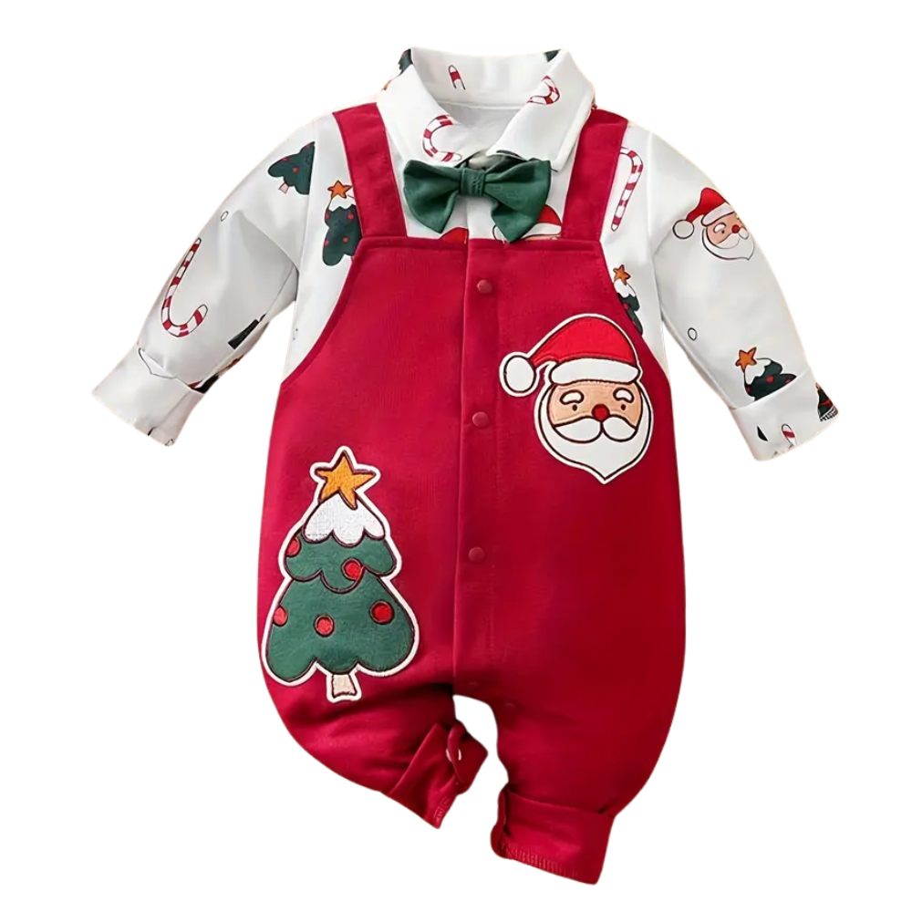 Christmas Pattern Jumpsuit For Boys Wth Bow Tie And Suspenders Design