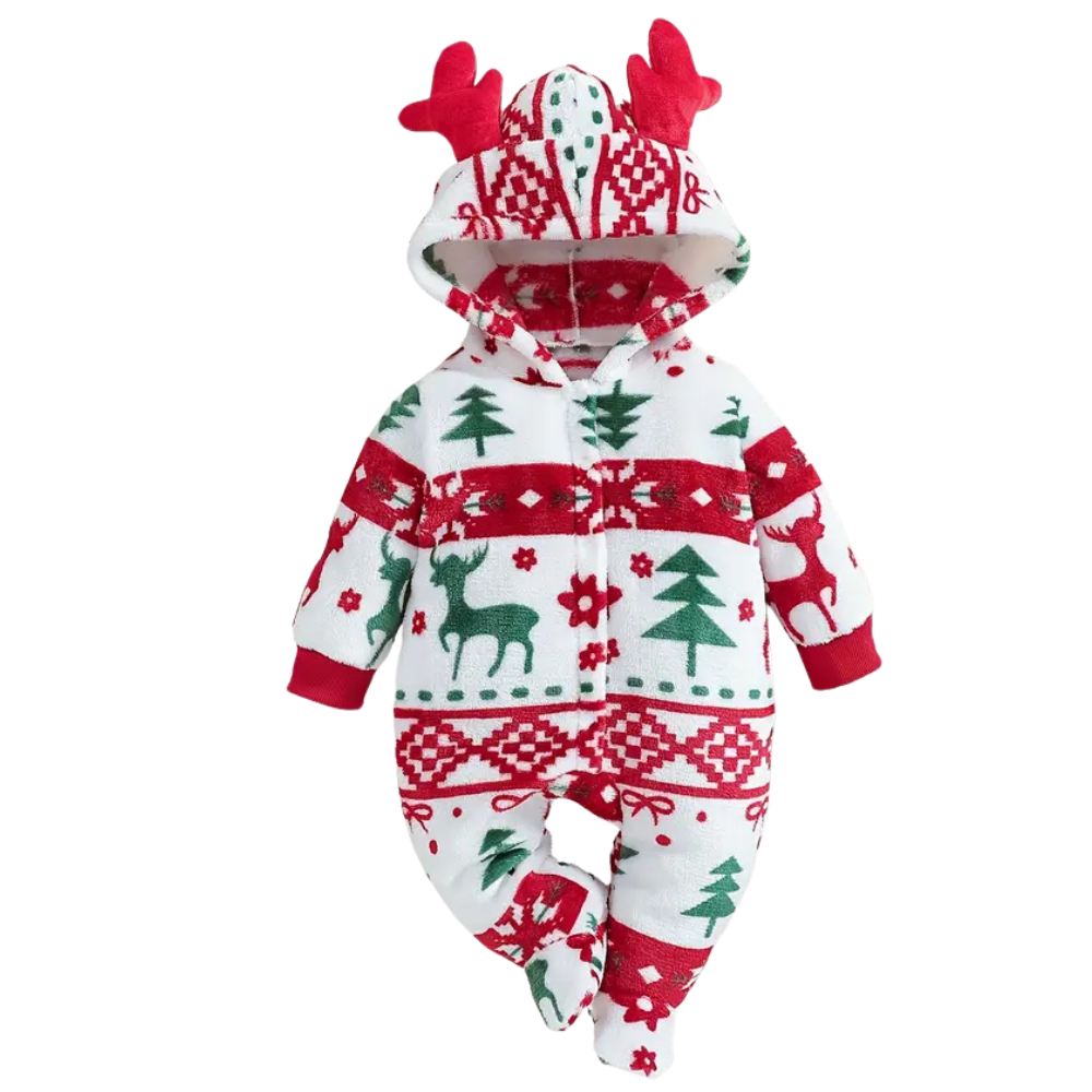 Deer Tree Pattern Christmas Winter Hooded Bodysuit For Toddlers