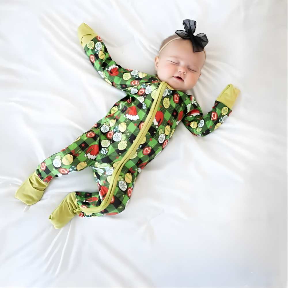 Christmas Romper For Toddlers With Green Plaid And Santa Hat Print