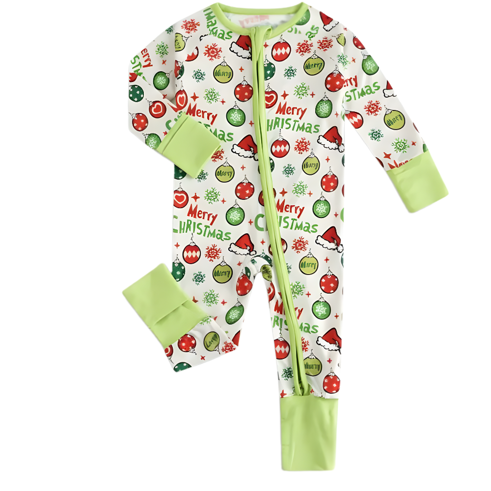 Long Sleeve Onesie With Balloon And Christmas Tree Print