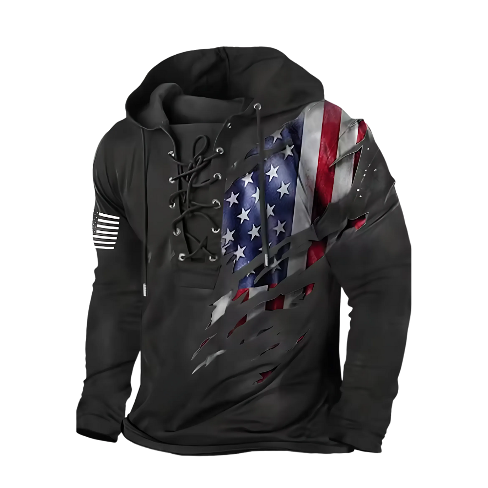 Men Retro Flag Lace Up Hoodie Casual Graphic Streetwear