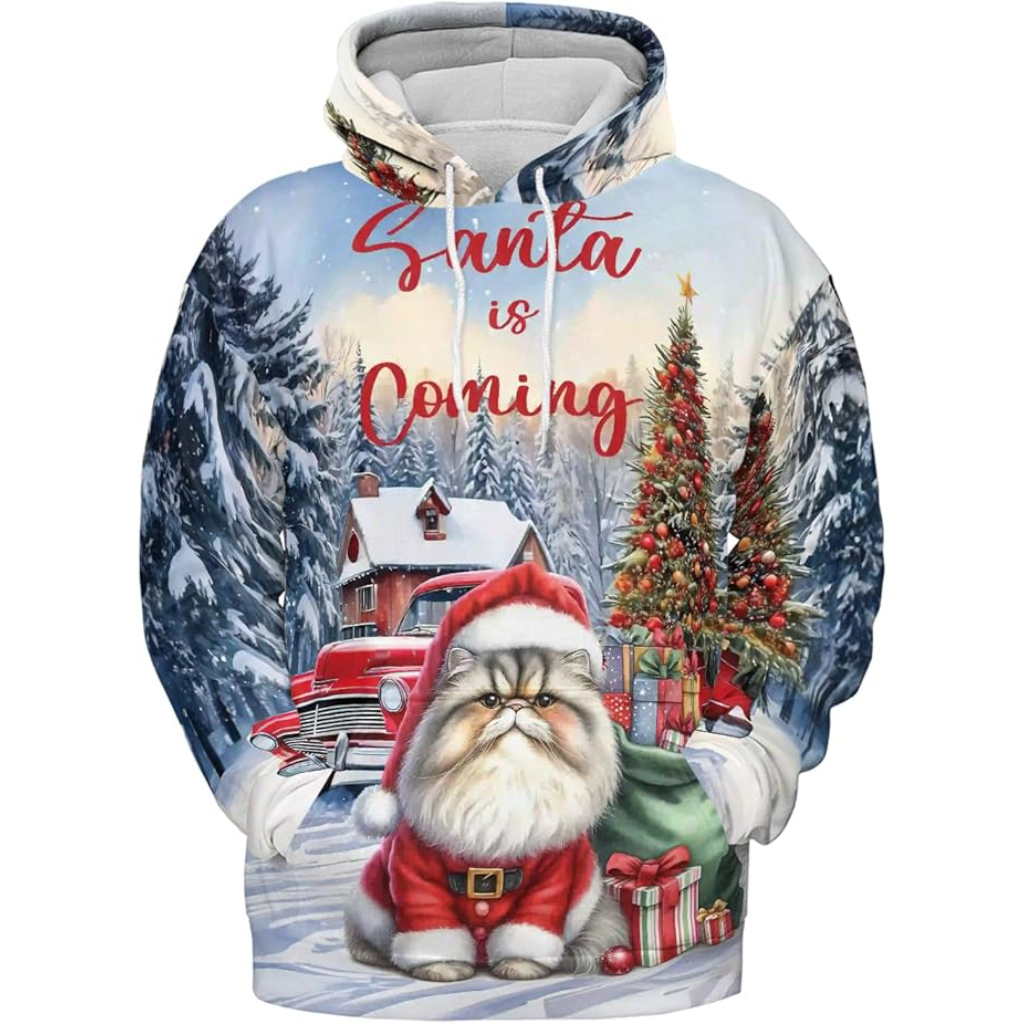 Christmas Cat Graphic Printed Hoodie