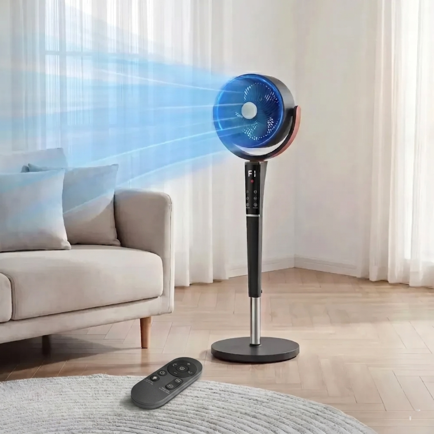 Portable LED Light Bedroom Pedestal Fan With 5 Speed Modes And Remote