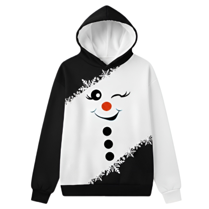 Women Christmas Snowman Winking Hoodie with Snowflake Contrast Sleeves