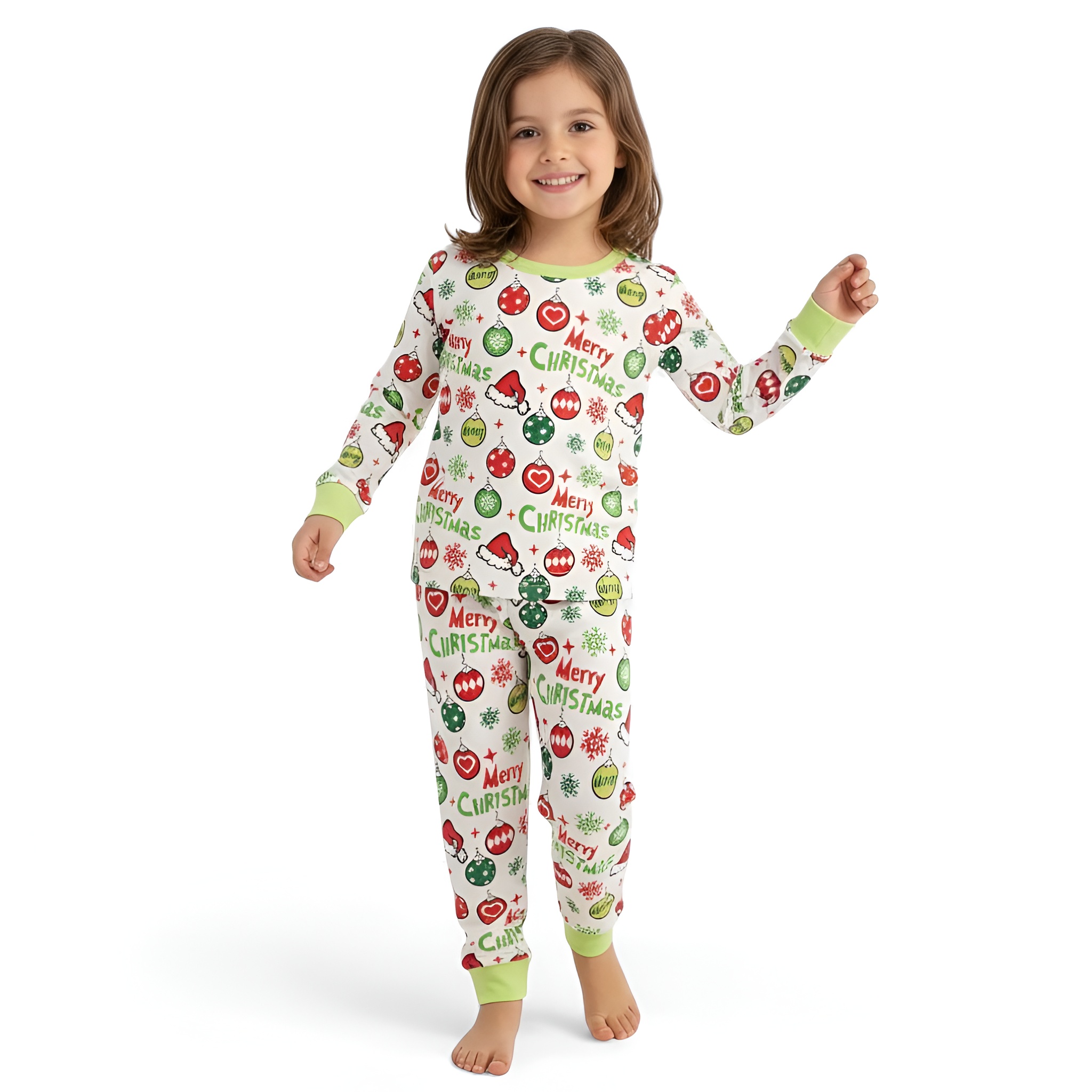 Christmas Green Trim Santa Hat Balloon Print Long Sleeve Set