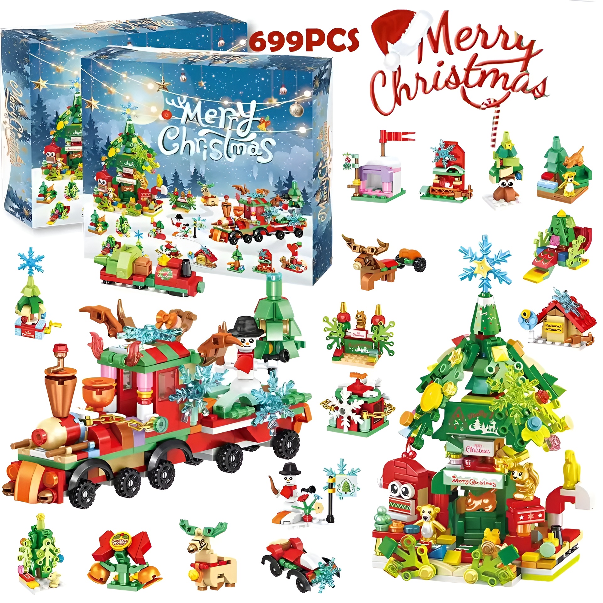 Christmas Advent Calendar Building Blocks Box DIY Christmas Train Tree Bricks for Kid Christmas Gift 24 Days