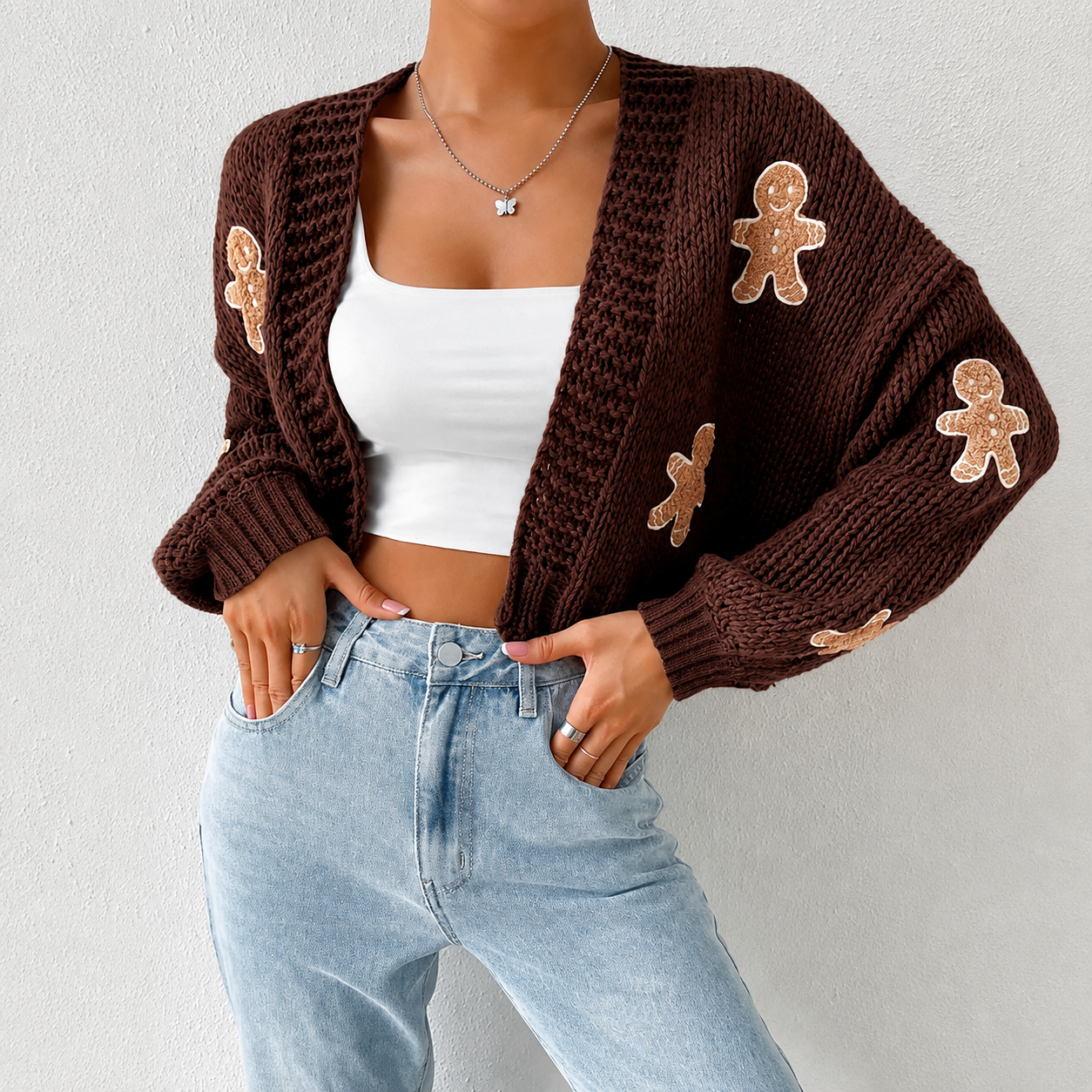 Cropped Knit Gingerbread Pattern Christmas Cardigan Sweater For Women