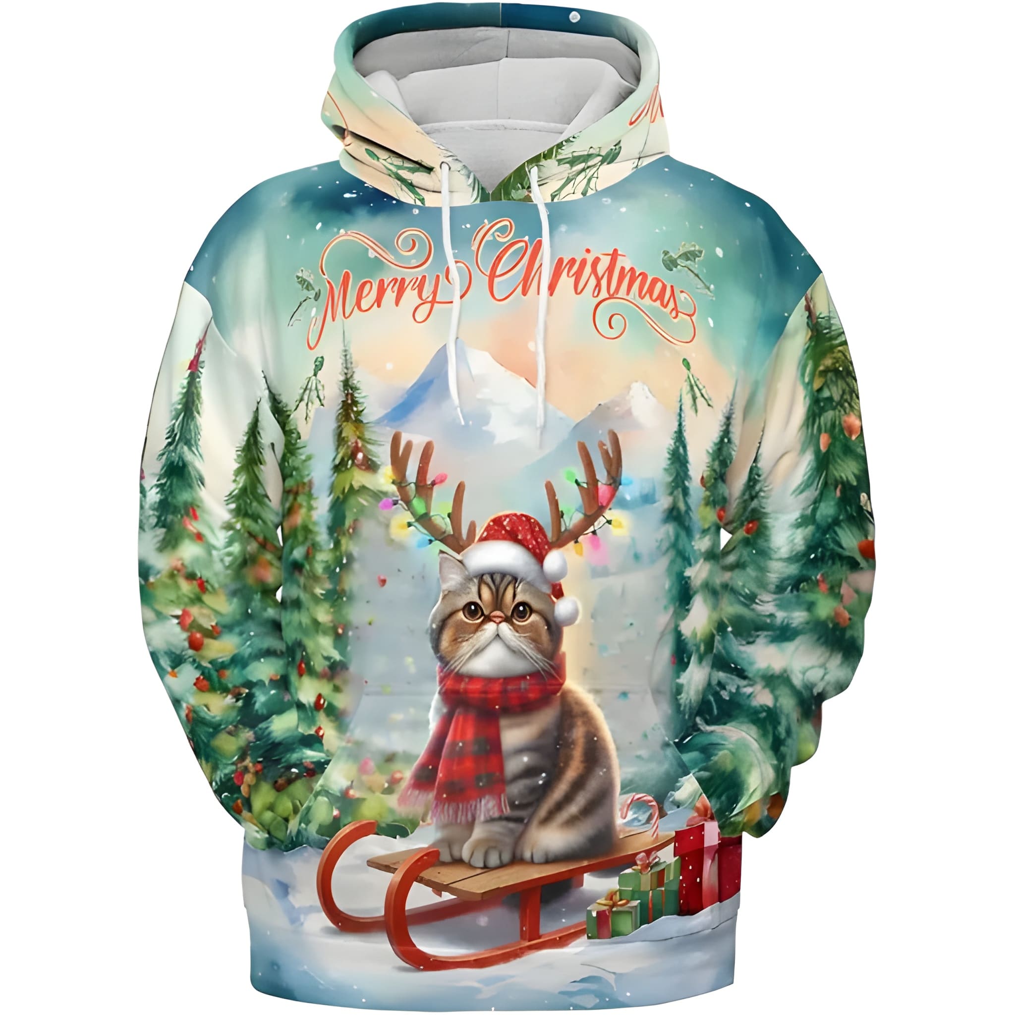 Merry Christmas Cat Reindeer Antler Hoodie Sweatshirt