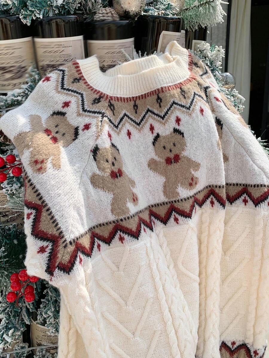 DAZY Women's Casual Loose Cartoon Pattern Knit Sweater,Fall Women Clothes Christmas,New Year - Apricot - View 2