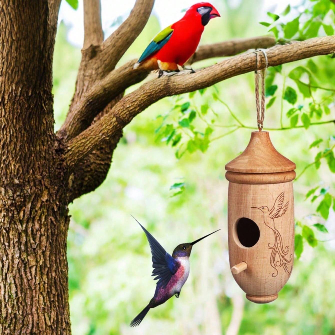 Wooden Outdoor Hanging Hummingbird House With Rope For Gardens