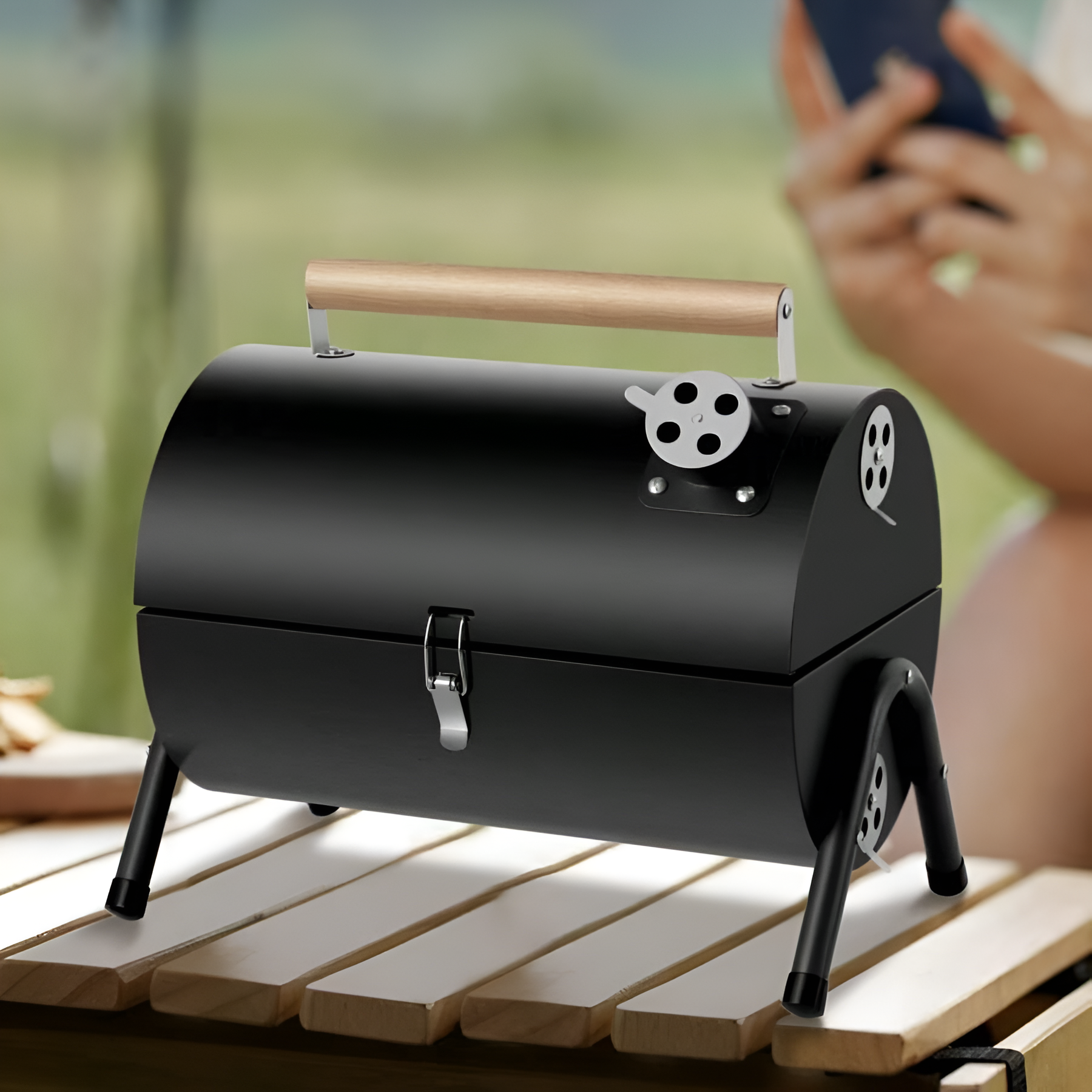 Compact Portable Charcoal Grill Barrel - Double Sided Collapsible Design, Great For Outdoor Cooking And Camping, Black Stainless Steel Smoker With Wooden Handle, Great For Grilling Shrimp, Meats And Vegetables, Outdoor Cooking Grill | Barrel Grill | Easy 
