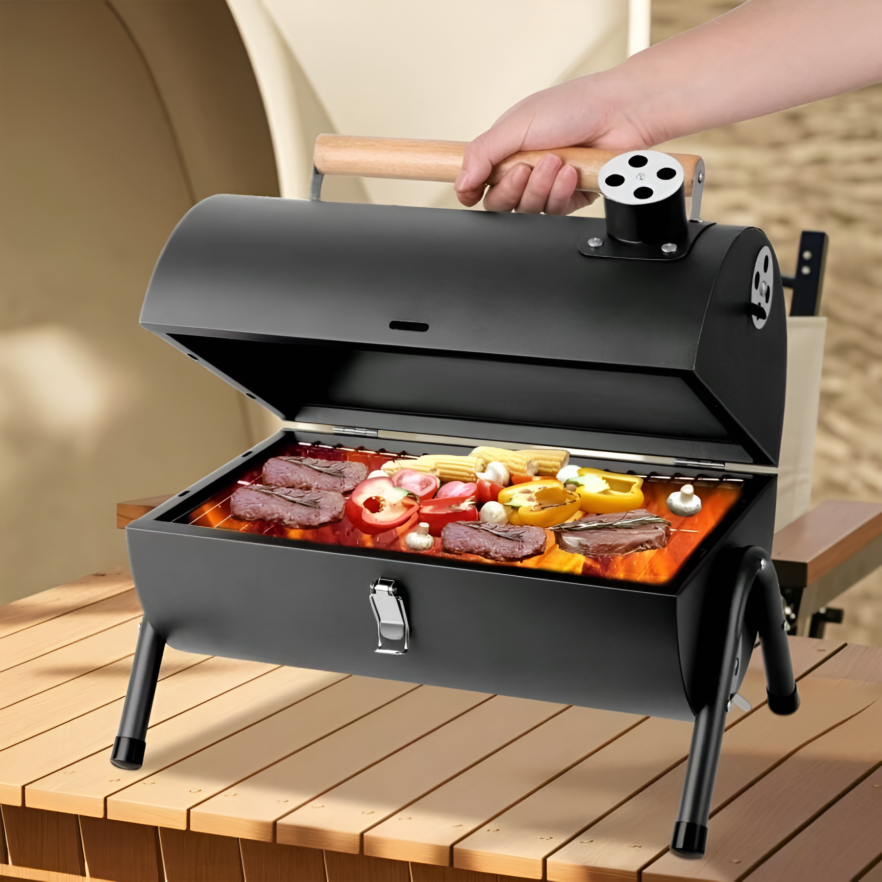 Compact Portable Charcoal Grill Barrel - Double Sided Collapsible Design, Great For Outdoor Cooking And Camping, Black Stainless Steel Smoker With Wooden Handle, Great For Grilling Shrimp, Meats And Vegetables, Outdoor Cooking Grill | Barrel Grill | Easy 