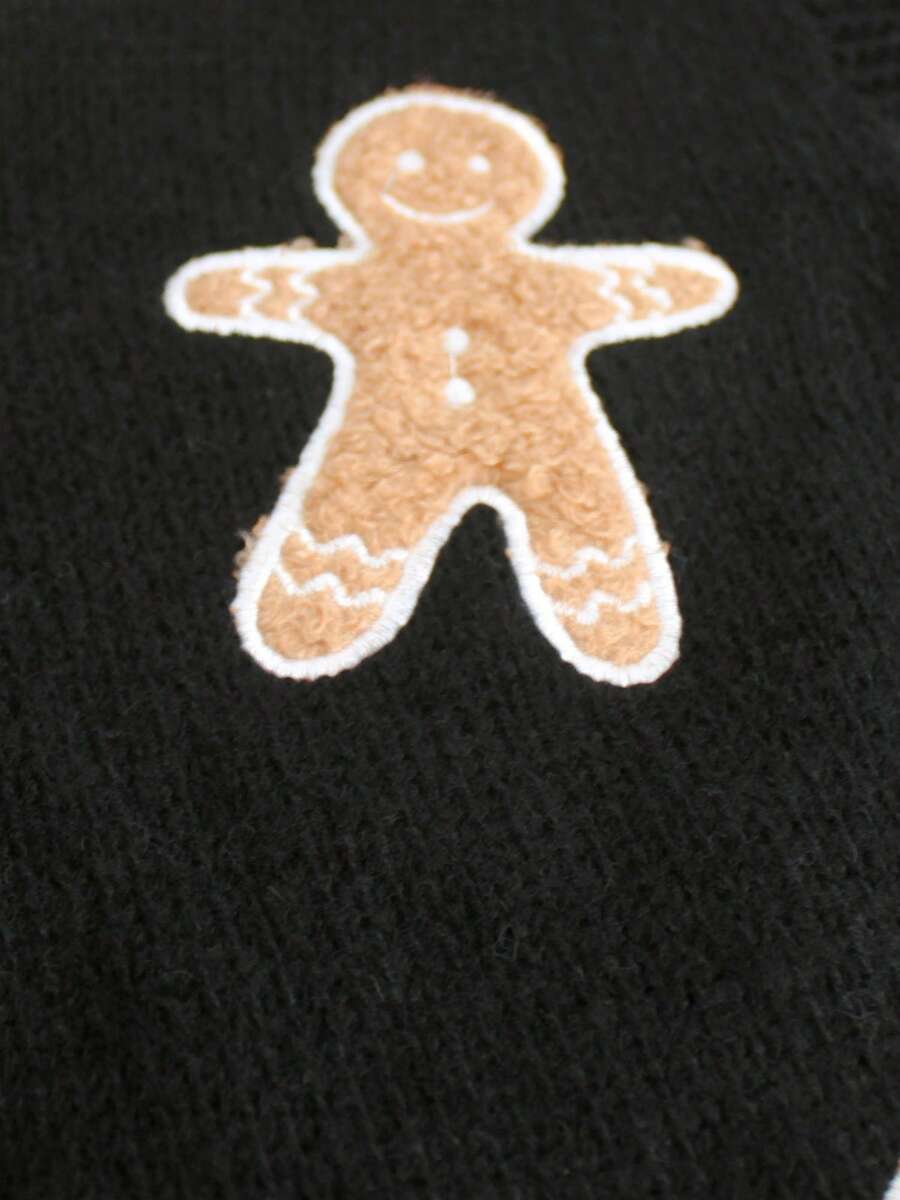 Women's Gingerbread Man Pattern Drop - Shoulder V - Neck Cropped Knit Cardigan Sweater For Winter  Fall - Black - View 6
