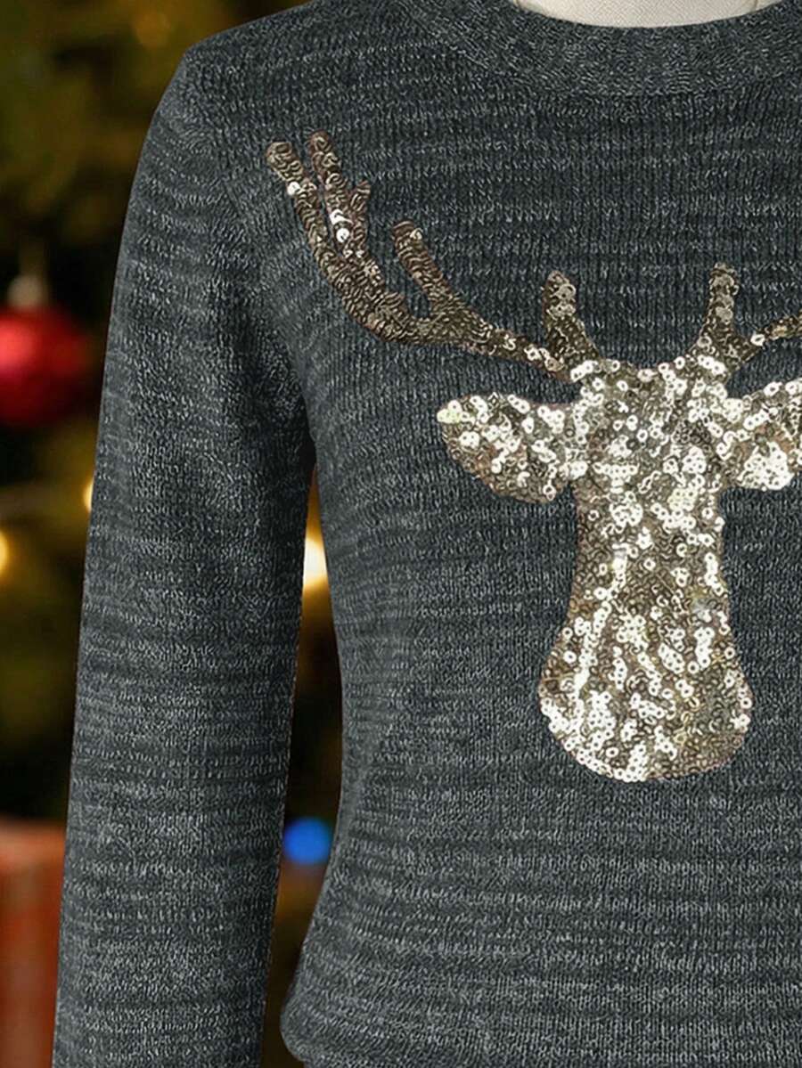 SHEIN LUNE Women's Dark Green Round Neck Long Sleeve Deer Pattern Knit Sweater,Autumn French Elegant Sequin Pullover,Casual Stretchy Fitted Base Layer,Birthday - Black - View 3
