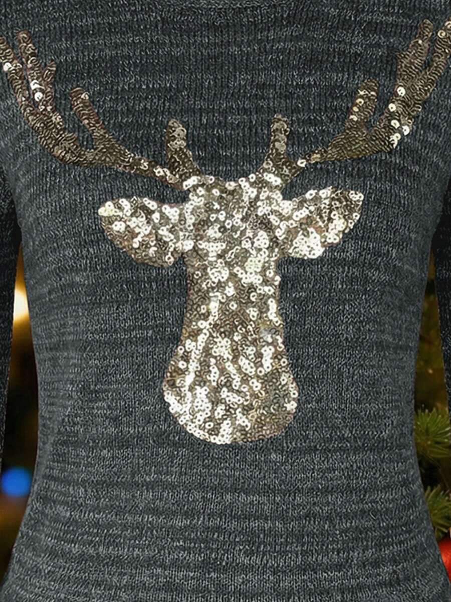 SHEIN LUNE Women's Dark Green Round Neck Long Sleeve Deer Pattern Knit Sweater,Autumn French Elegant Sequin Pullover,Casual Stretchy Fitted Base Layer,Birthday - Black - View 4