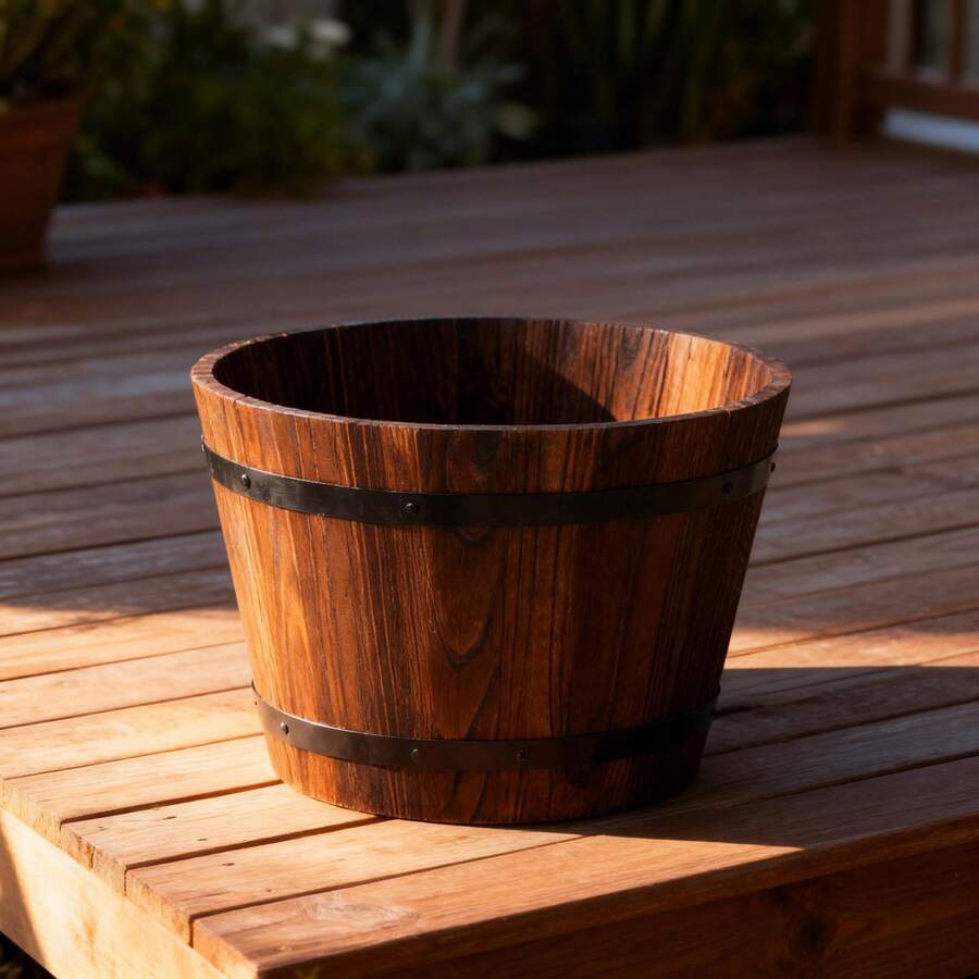 Wood Whiskey Barrel Planter With Drainage For Garden And Yard