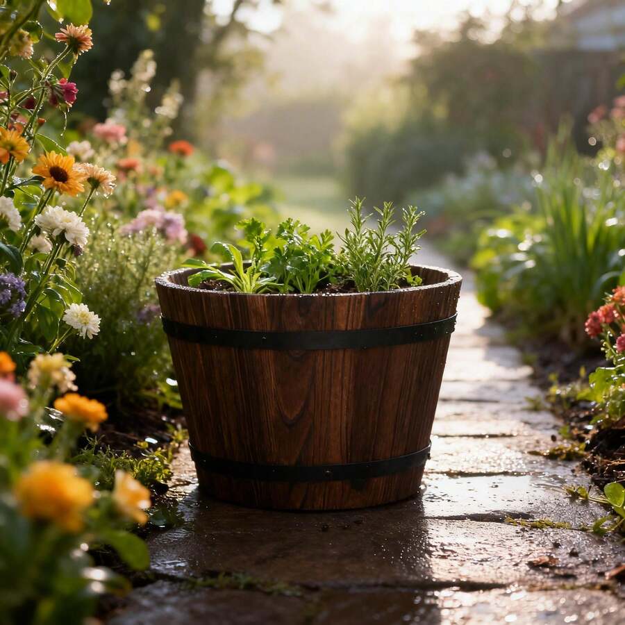 Wood Whiskey Barrel Planter With Drainage For Garden And Yard