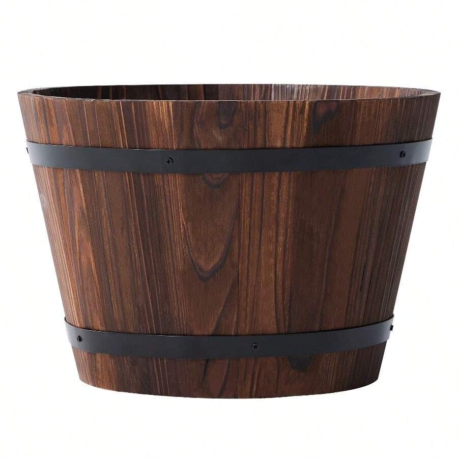 Wood Whiskey Barrel Planter With Drainage For Garden And Yard
