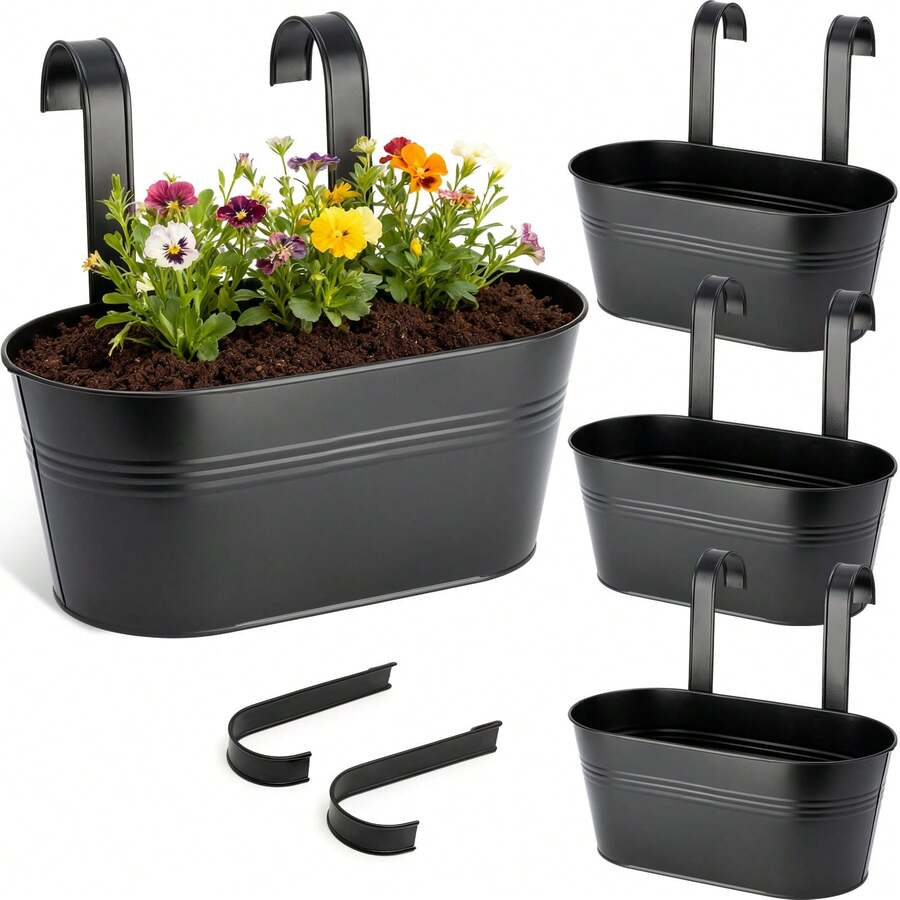 Pack Of 4 Metal Hanging Plant Pot With Hooks For Balcony Railing