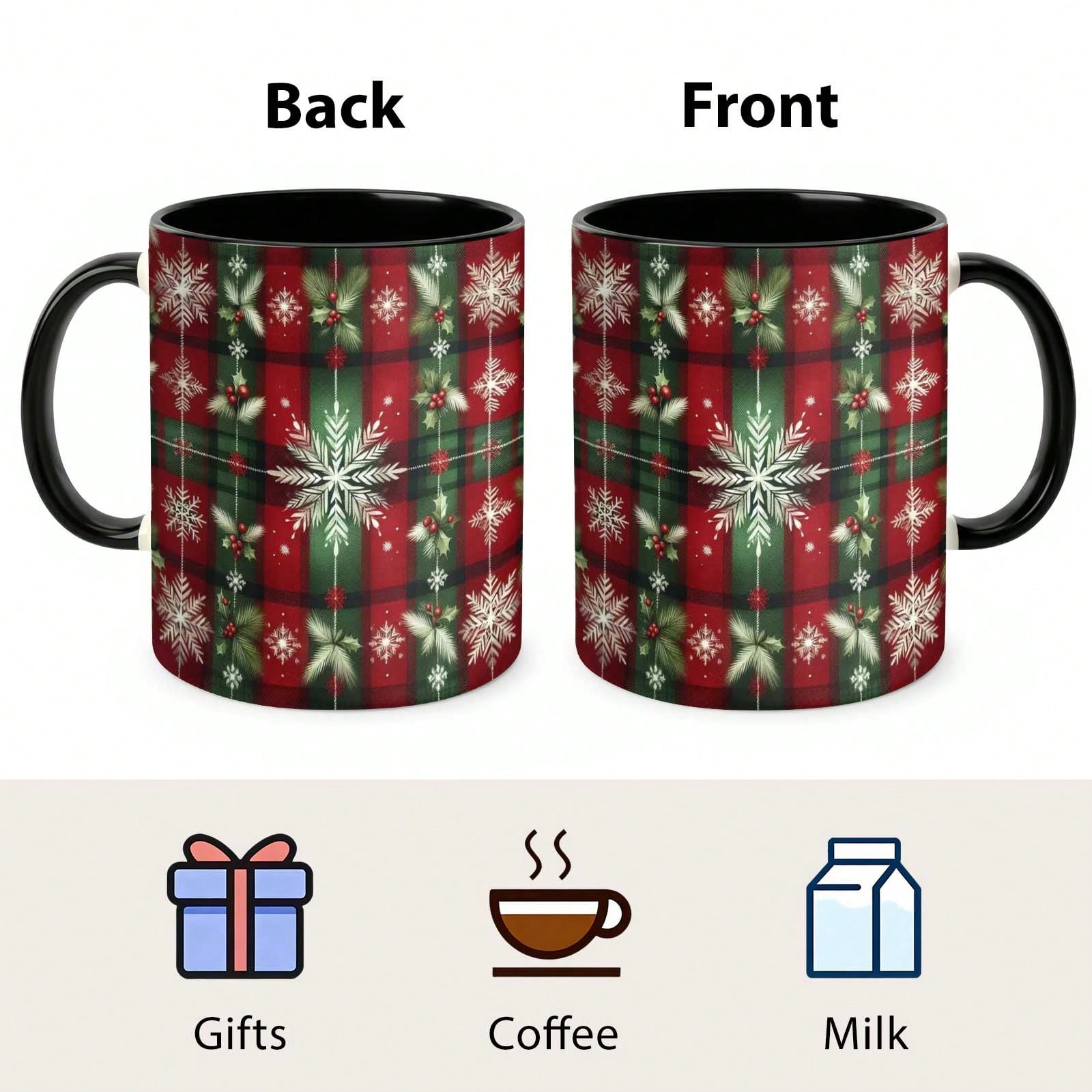 11 oz Christmas Snowflake Holly Tartan Plaid Ceramic Mug